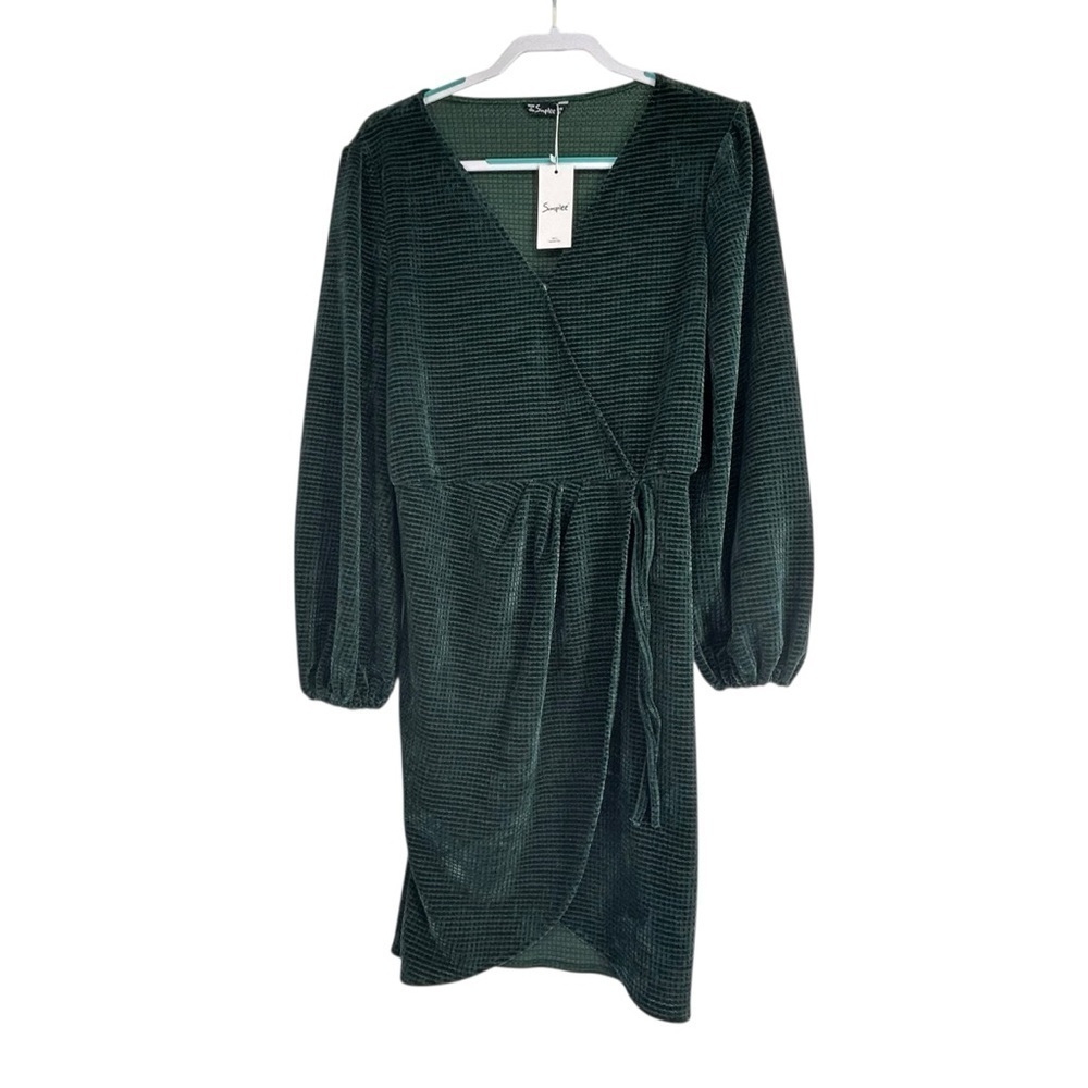 SIMPLEE WOMEN’S XL GREEN FAUX WRAP CORDUROY DRESS SIDE TIE BELTED V-NECK CHIC